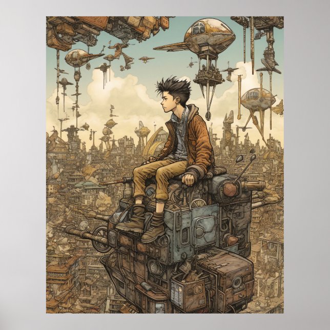 Steampunk Teen auf der Spitze der Stadt Poster (Vorne)