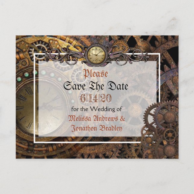 Steampunk Themed Wedding Save the Date Ankündigungspostkarte (Vorderseite)