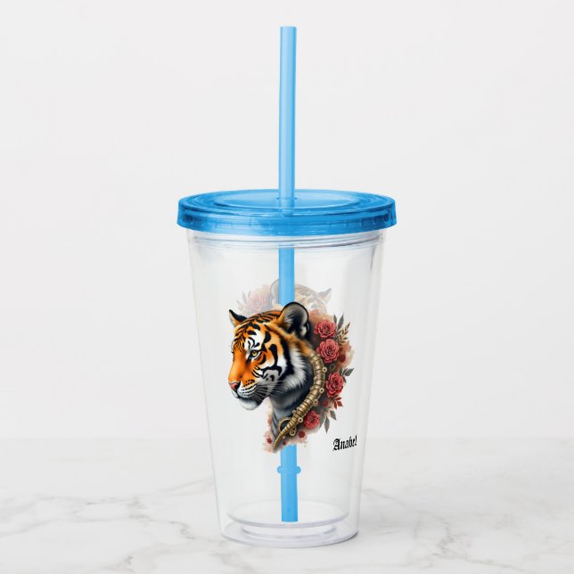 Steampunk Tiger mit Rose Illustration. Acryltrinkbecher (Vorderseite)