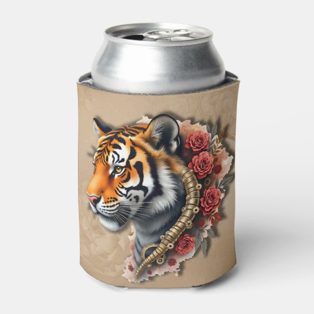 Steampunk Tiger mit Rose Illustration. Dosenkühler (Kanne Vorderseite)
