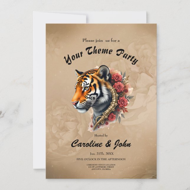 Steampunk Tiger mit Rose Illustration. Einladung (Vorderseite)