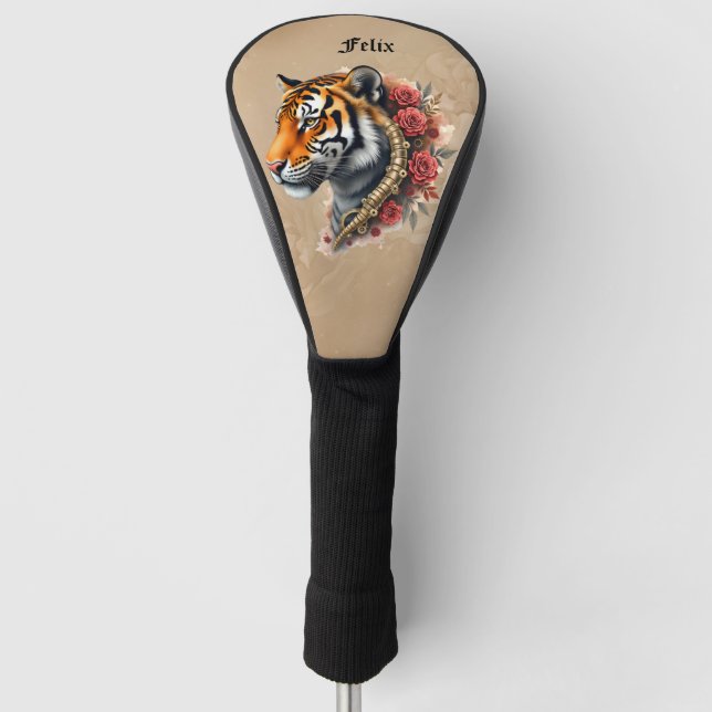 Steampunk Tiger mit Rose Illustration. Golf Headcover (Vorderseite)