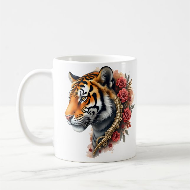 Steampunk Tiger mit Rose Illustration. Kaffeetasse (Links)
