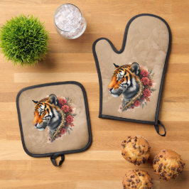 Steampunk Tiger mit Rose Illustration. Ofenhandschuh & Topflappen-Set