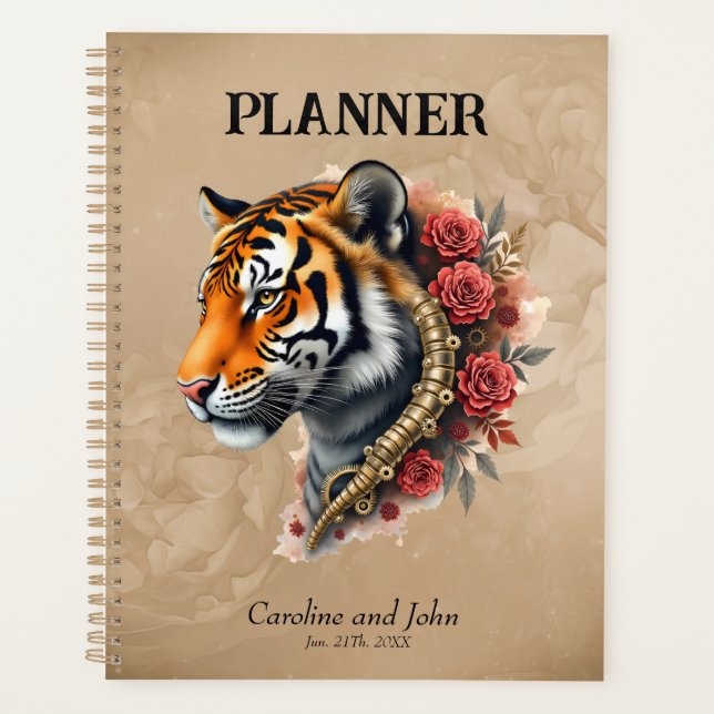 Steampunk Tiger mit Rose Illustration. Planer (Vorderseite)