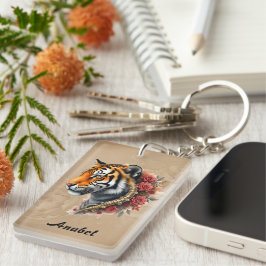 Steampunk Tiger mit Rose Illustration Schlüsselanhänger