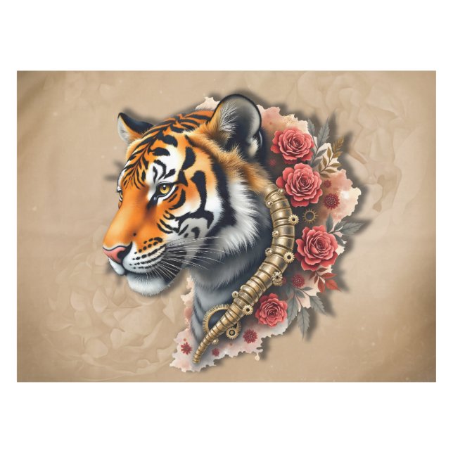 Steampunk Tiger mit Rose Illustration. Tischdecke (Vorderseite (Horizontal))