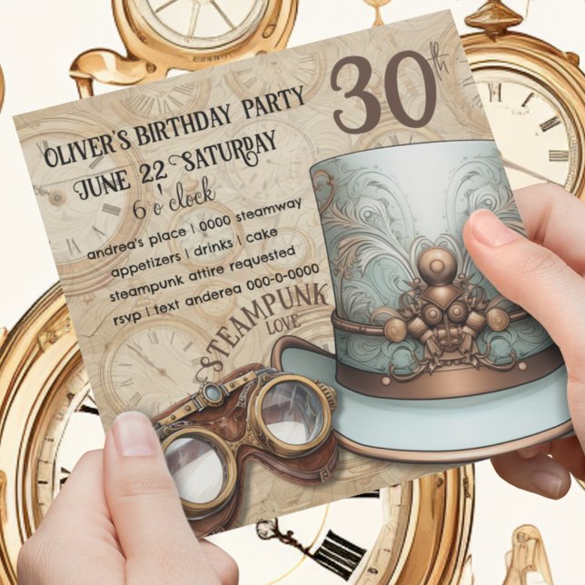 Steampunk Top Hat und Goggles | Aqua und Kupfer Einladung (Copper and aqua themed steampunk birthday party invitation with top hat and goggles. )