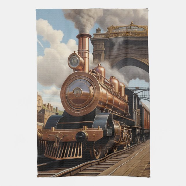 Steampunk Train Verlassend London Geschirrtuch (Vertikal)