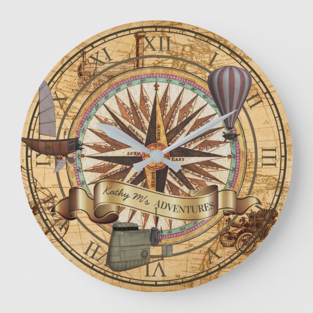 Steampunk Travel Antique Karte Kompass Adventure Große Wanduhr (Vorderseite)