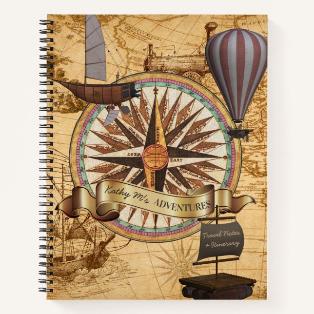 Steampunk Travel Antique Karte Kompass Adventure Notizbuch (Vorderseite)