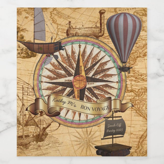 Steampunk Travel Antique Karte Kompass Adventure Weinetikett (Einzelnes Label)