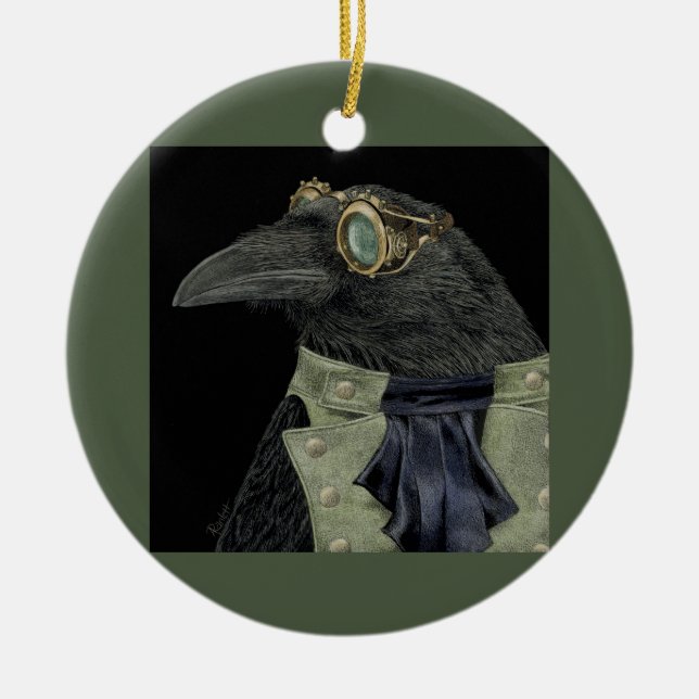 "Steampunk Trickster-" - Raben-Verzierung Keramik Ornament (Vorne)