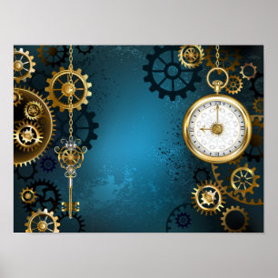 Steampunk Türkis Hintergrund mit Zahnrädern Poster