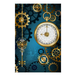 Steampunk Türkis Hintergrund mit Zahnrädern Poster
