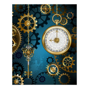 Steampunk Türkis Hintergrund mit Zahnrädern Poster
