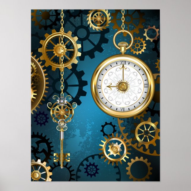 Steampunk Türkis Hintergrund mit Zahnrädern Poster (Vorne)