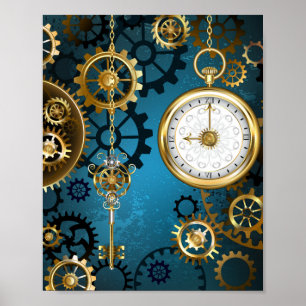 Steampunk Türkis Hintergrund mit Zahnrädern Poster