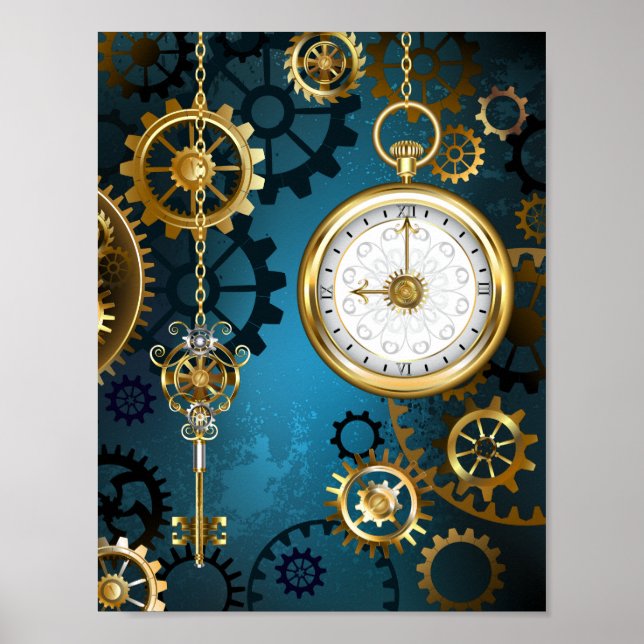 Steampunk türkiser Hintergrund mit Zahnrädern Poster (Vorne)