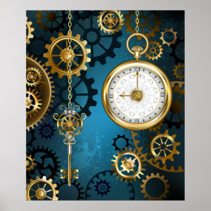 Steampunk türkisfarbener Hintergrund mit Zahnräder Poster