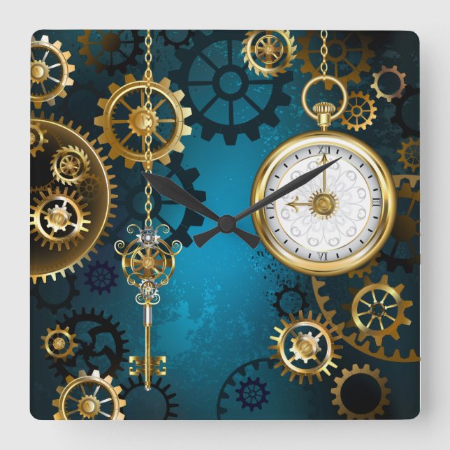Steampunk turquoise Background with Gears Quadratische Wanduhr (Vorderseite)