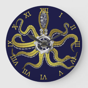 Steampunk übersetzt Krake Kraken Seegoldblau Große Wanduhr