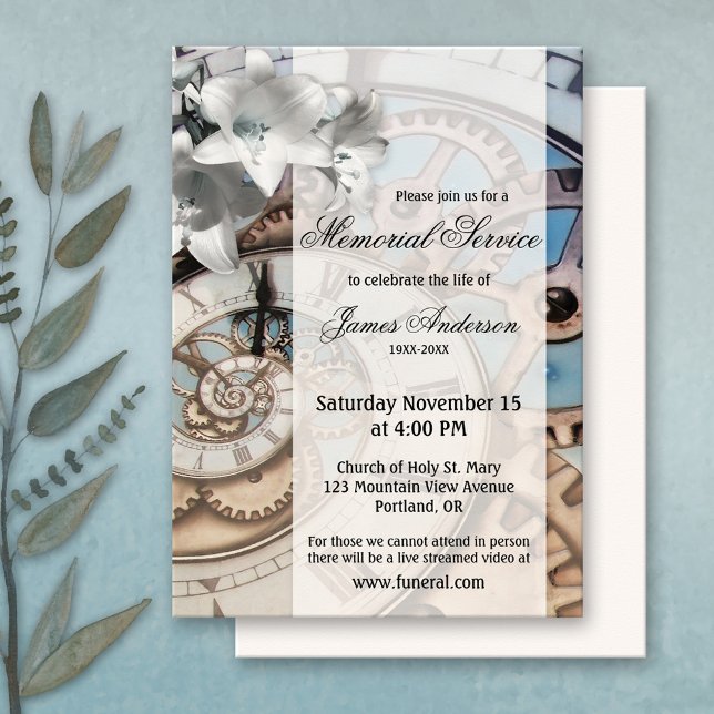 Steampunk-Uhr-Beerdigungsdienst Einladung (Memorial, funeral service or celebration of life invitation featuring a steampunk clock design)