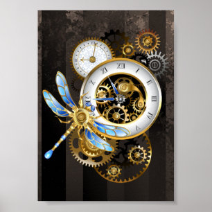 Steampunk-Uhr mit mechanischer Libelle Poster