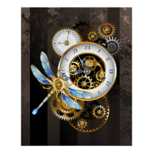 Steampunk-Uhr mit mechanischer Libelle Poster