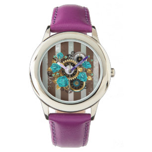 Steampunk-Uhr und türkisfarbene Rose auf Streifen Armbanduhr