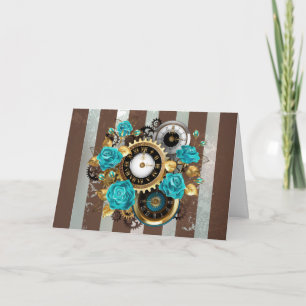 Steampunk-Uhr und türkisfarbene Rose auf Streifen Einladung