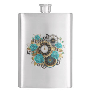 Steampunk-Uhr und türkisfarbene Rose auf Streifen Flachmann