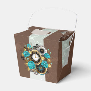 Steampunk-Uhr und türkisfarbene Rose auf Streifen Geschenkschachtel