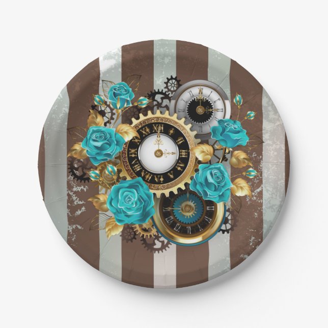 Steampunk-Uhr und türkisfarbene Rose auf Streifen Pappteller (Vorderseite)