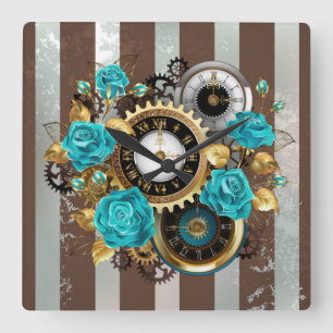 Steampunk-Uhr und türkisfarbene Rose auf Streifen Quadratische Wanduhr