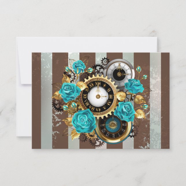 Steampunk-Uhr und türkisfarbene Rose auf Streifen Save The Date (Vorderseite)
