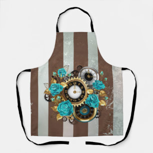 Steampunk-Uhr und türkisfarbene Rose auf Streifen Schürze