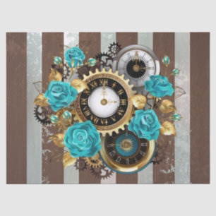 Steampunk-Uhr und türkisfarbene Rose auf Streifen Seidenpapier