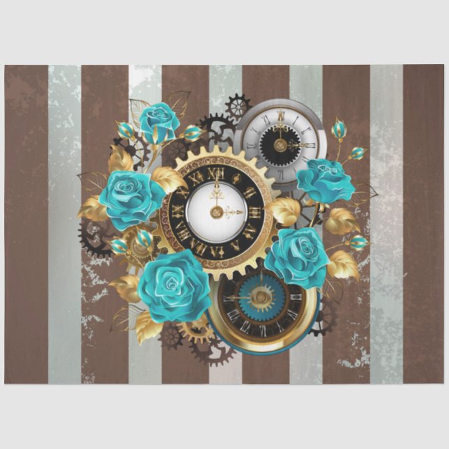 Steampunk-Uhr und türkisfarbene Rose auf Streifen Seidenpapier (Vorderseite)