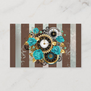 Steampunk-Uhr und türkisfarbene Rose auf Streifen Visitenkarte