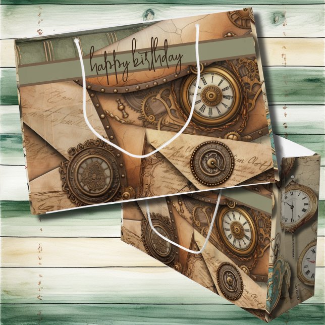 Steampunk | Uhren | Geflügel | Bücher | VIKTORIANI Große Geschenktüte (Steampunk gears and clocks on customizable large gift bags for birthdays and special occasions. )
