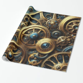 Steampunk-Uhrwerk Gold und Aquamarin Geschenkpapier