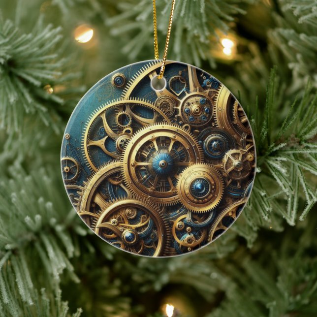 Steampunk-Uhrwerk Gold und Aquamarin Keramik Ornament (Baum)