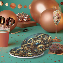 Steampunk-Uhrwerk Gold und Aquamarin Pappteller