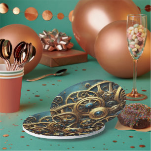 Steampunk-Uhrwerk Gold und Aquamarin Pappteller