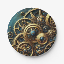 Steampunk-Uhrwerk Gold und Aquamarin Pappteller