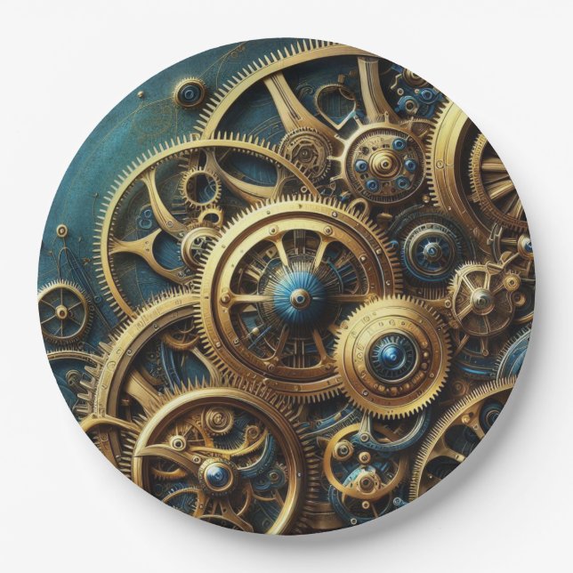 Steampunk-Uhrwerk Gold und Aquamarin Pappteller (Vorderseite)