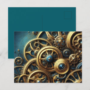 Steampunk-Uhrwerk Gold und Aquamarin Postkarte
