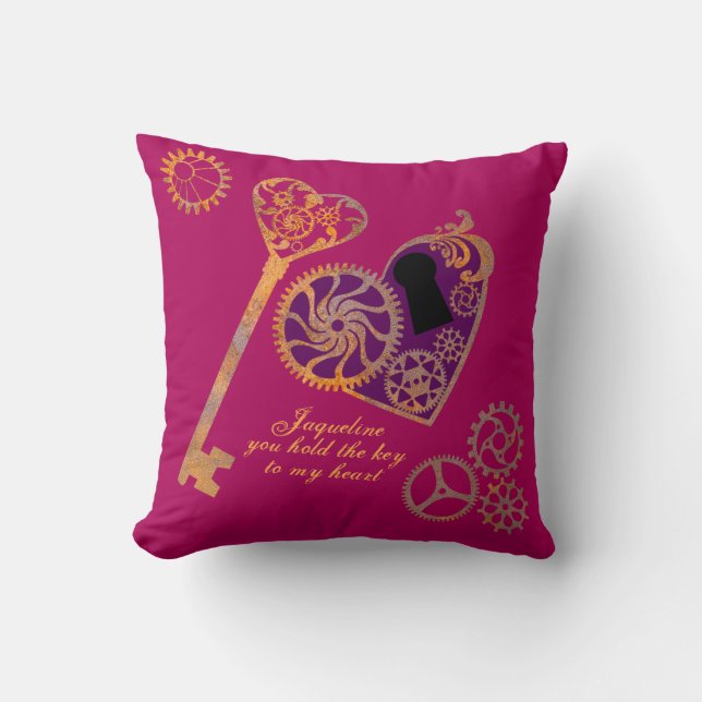 Steampunk Valentine Rusty Gears Herzschlüssel und  Kissen (Vorderseite)