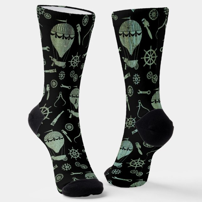 Steampunk Verdigris Balloons Subtil Mit Monogramm Socken (Gewinkelt)